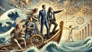 Illustration du leadership pour la reprise d'entreprise dans un style Léonard de Vinci avec des professionnels guidant un bateau à travers des vagues