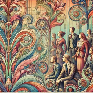 Illustration Art Nouveau moderne illustrant la responsabilité sociétale des entreprises (RSE) avec des motifs floraux et des figures en tenue d'affaires.