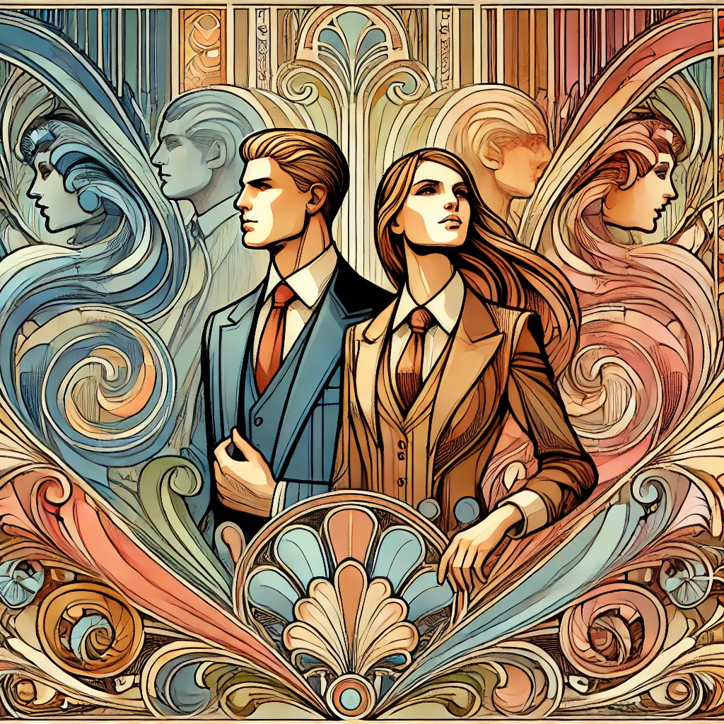 Illustration Art Nouveau en couleur représentant un homme et une femme contemporains en tenue d'affaires, symbolisant la reprise d'entreprise avec des motifs floraux et des lignes courbes.