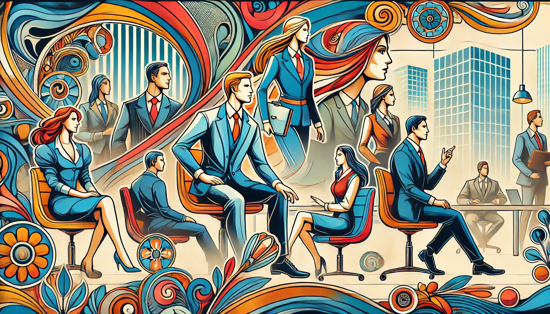 Illustration de la transition de leadership dans un style inspiré d'Edgar Mucha, avec des personnages contemporains et des couleurs vives