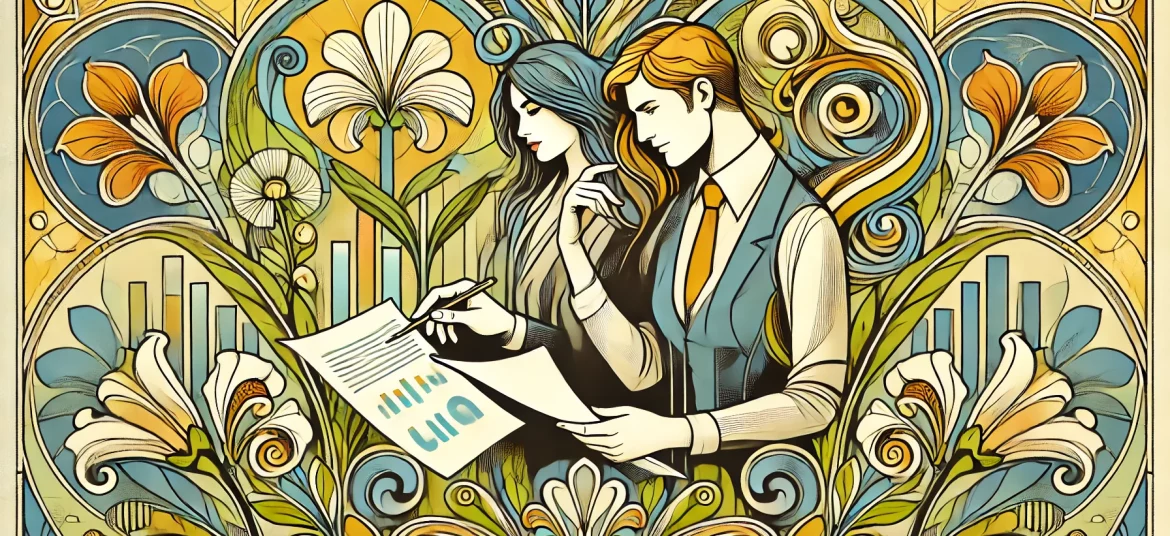 Illustration Art Nouveau d'un homme et d'une femme contemporains évaluant la croissance d'une entreprise, avec des motifs floraux stylisés et des couleurs joyeuses.