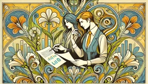 Illustration Art Nouveau d'un homme et d'une femme contemporains évaluant la croissance d'une entreprise, avec des motifs floraux stylisés et des couleurs joyeuses.