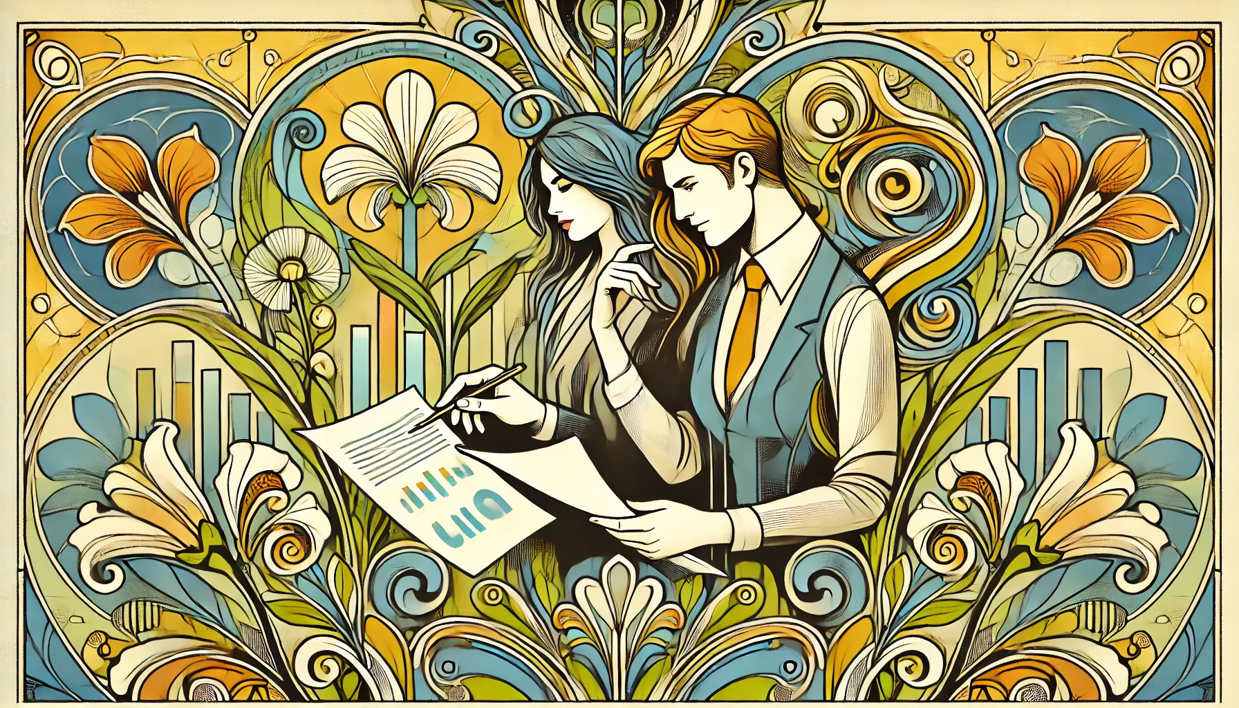 Illustration Art Nouveau d'un homme et d'une femme contemporains évaluant la croissance d'une entreprise, avec des motifs floraux stylisés et des couleurs joyeuses.