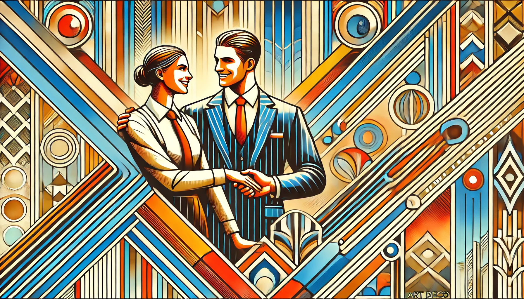 Illustration Art déco représentant un homme et une femme en collaboration professionnelle pour une reprise d'entreprise