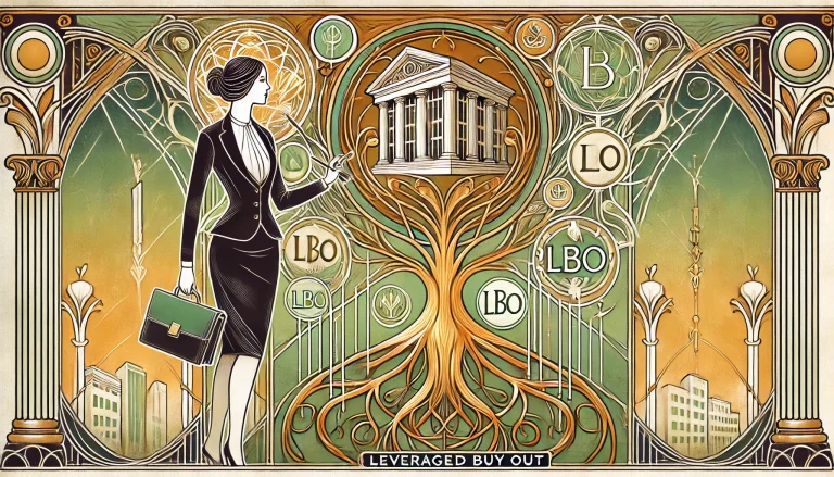 Illustration Art Nouveau du LBO montrant une femme d'affaires et le rôle des holdings.