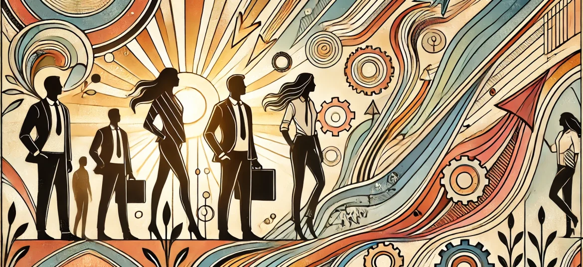 Illustration Art Nouveau représentant des cadres en reconversion professionnelle, symbolisant l'indépendance et l'entrepreneuriat