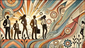 Illustration Art Nouveau représentant des cadres en reconversion professionnelle, symbolisant l'indépendance et l'entrepreneuriat
