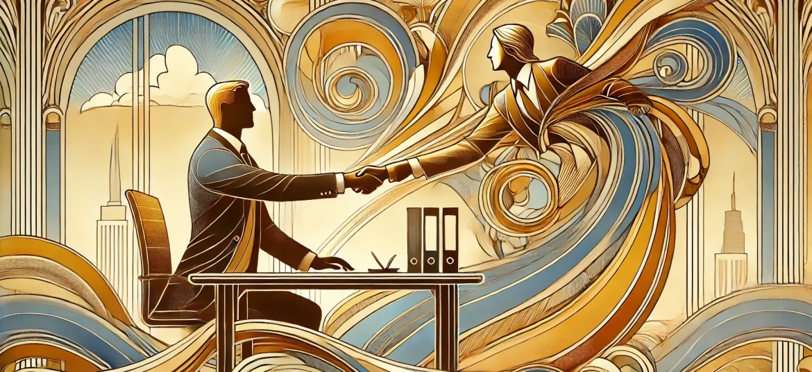 Illustration Art Nouveau d’une reprise d’entreprise réussie, grace au aspects juridique avec un entrepreneur contemporain et une ambiance optimiste.