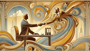 Illustration Art Nouveau d’une reprise d’entreprise réussie, grace au aspects juridique avec un entrepreneur contemporain et une ambiance optimiste.