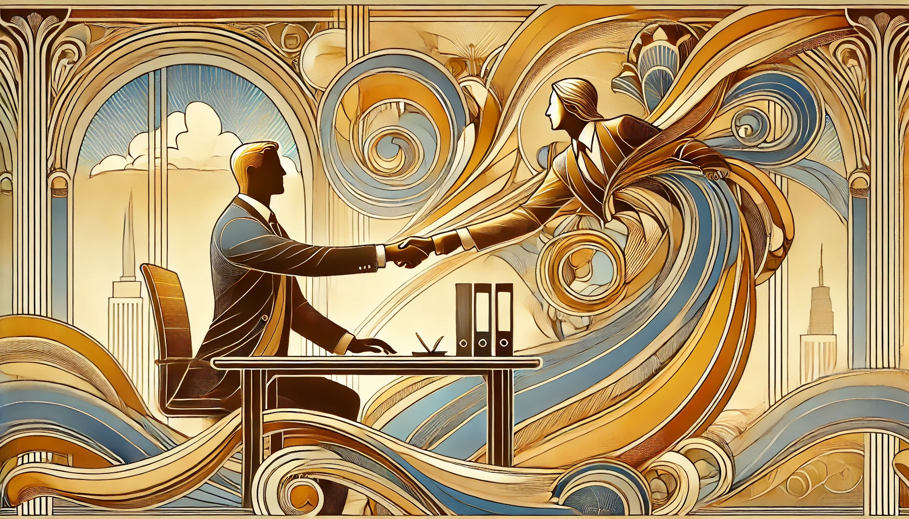 Illustration Art Nouveau d’une reprise d’entreprise réussie, grace au aspects juridique avec un entrepreneur contemporain et une ambiance optimiste.