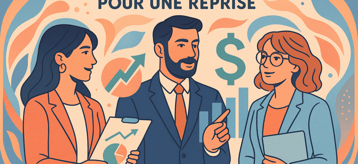 Illustration moderne Art Nouveau de trois professionnels discutant de l'évaluation d'une entreprise pour une reprise