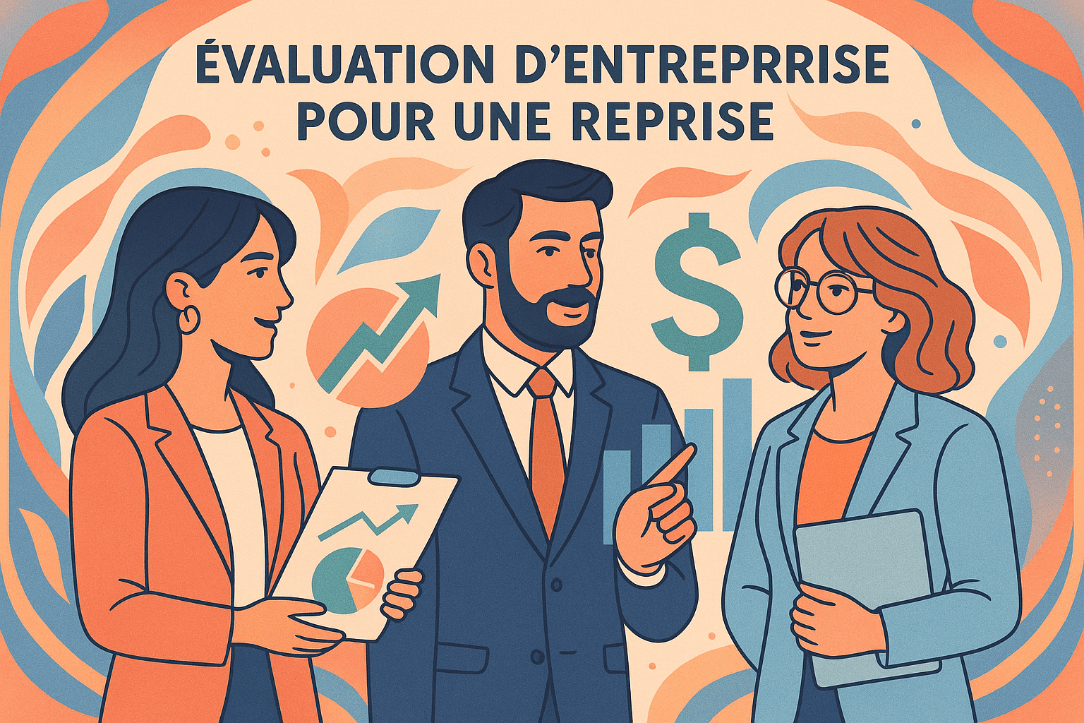 Illustration moderne Art Nouveau de trois professionnels discutant de l'évaluation d'une entreprise pour une reprise