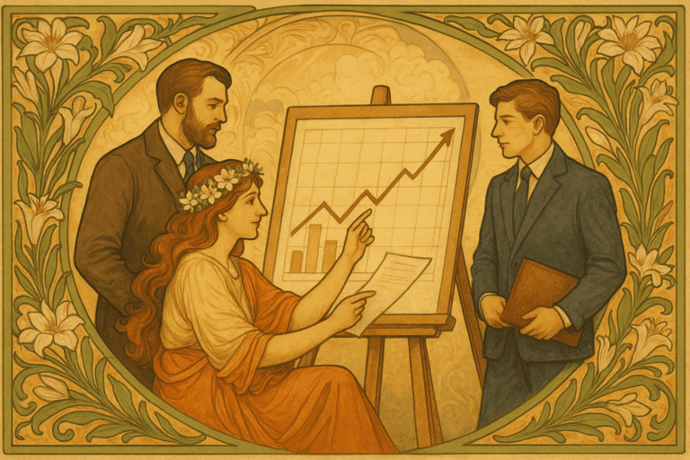 Illustration Art Nouveau à la manière de Mucha montrant trois professionnels (dont une femme) analysant un graphique de croissance pour évaluer la valeur d’une entreprise
