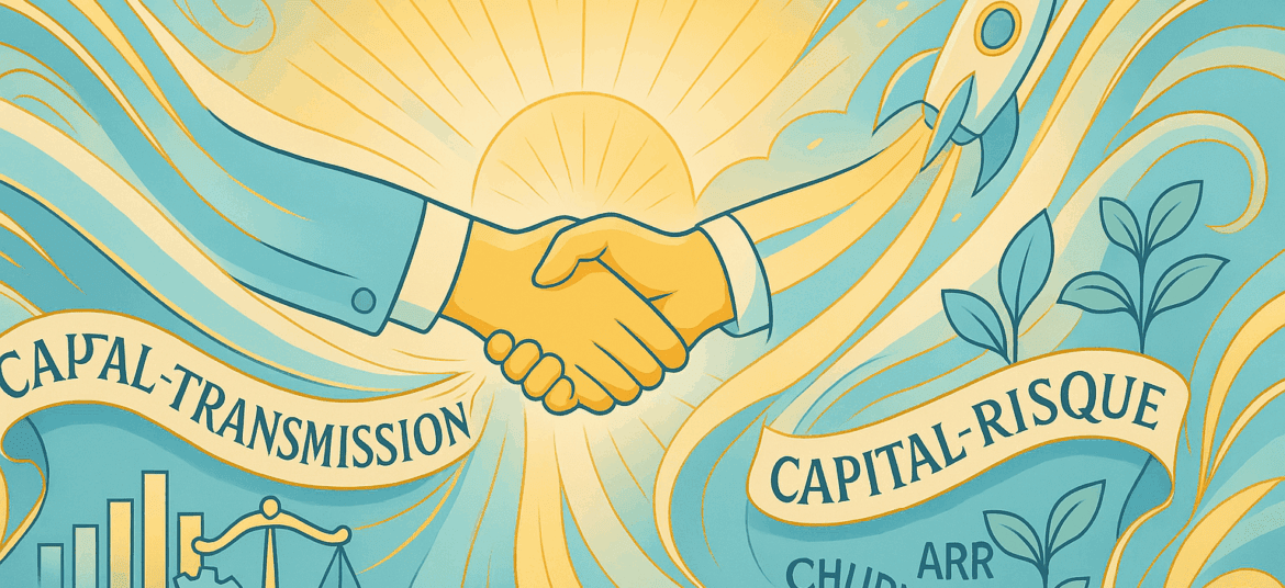 Poignée de main symbolisant la reprise d’entreprise : capital-transmission (LBO, cash-flow, stabilité) vs capital-risque (innovation, rocket, ARR, churn) dans un style Art nouveau moderne or, blanc et bleu pastel.
