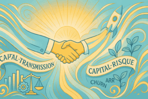 Poignée de main symbolisant la reprise d’entreprise : capital-transmission (LBO, cash-flow, stabilité) vs capital-risque (innovation, rocket, ARR, churn) dans un style Art nouveau moderne or, blanc et bleu pastel.
