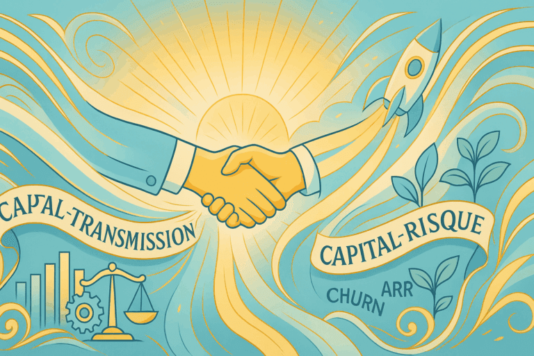 Poignée de main symbolisant la reprise d’entreprise : capital-transmission (LBO, cash-flow, stabilité) vs capital-risque (innovation, rocket, ARR, churn) dans un style Art nouveau moderne or, blanc et bleu pastel.