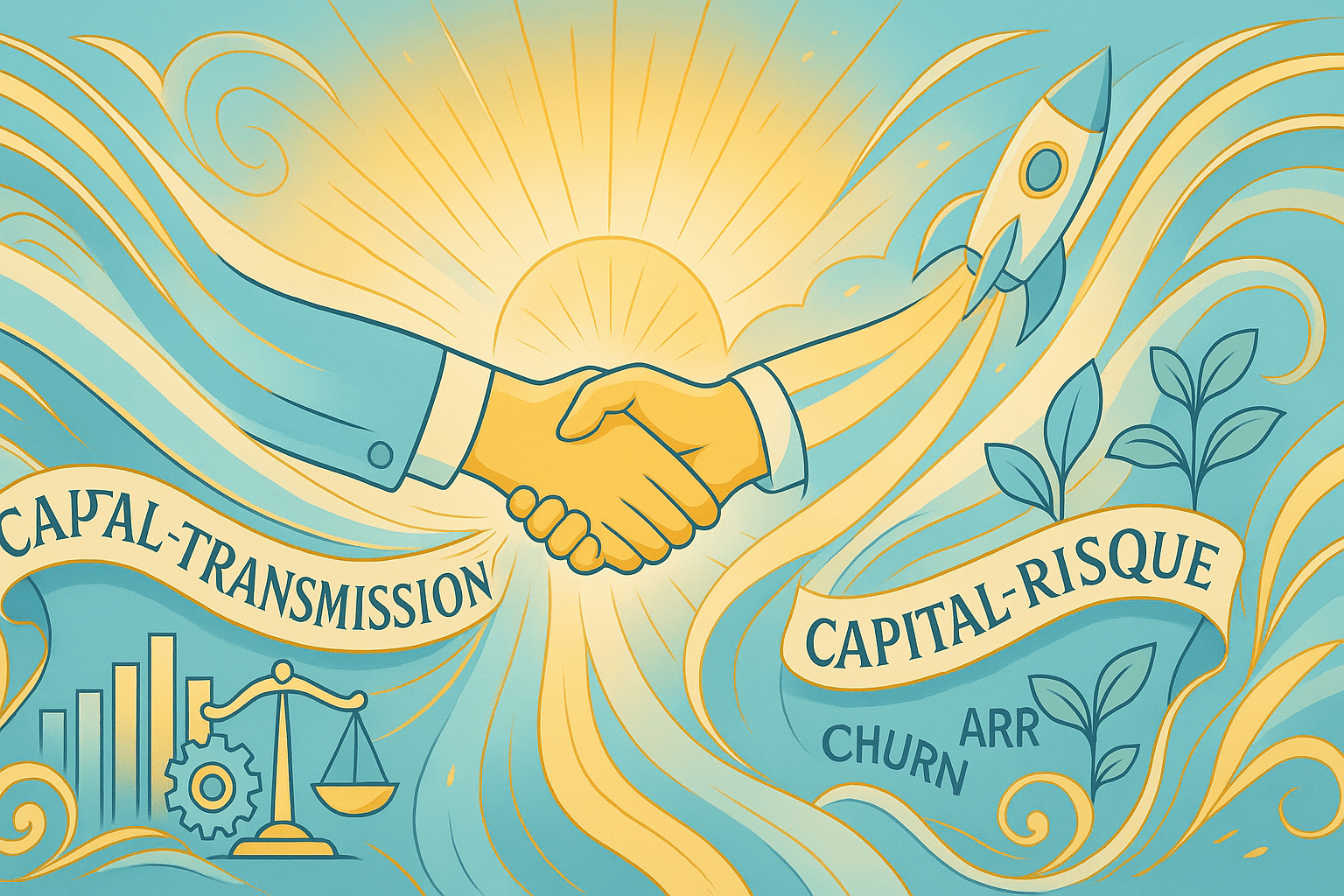 Poignée de main symbolisant la reprise d’entreprise : capital-transmission (LBO, cash-flow, stabilité) vs capital-risque (innovation, rocket, ARR, churn) dans un style Art nouveau moderne or, blanc et bleu pastel.