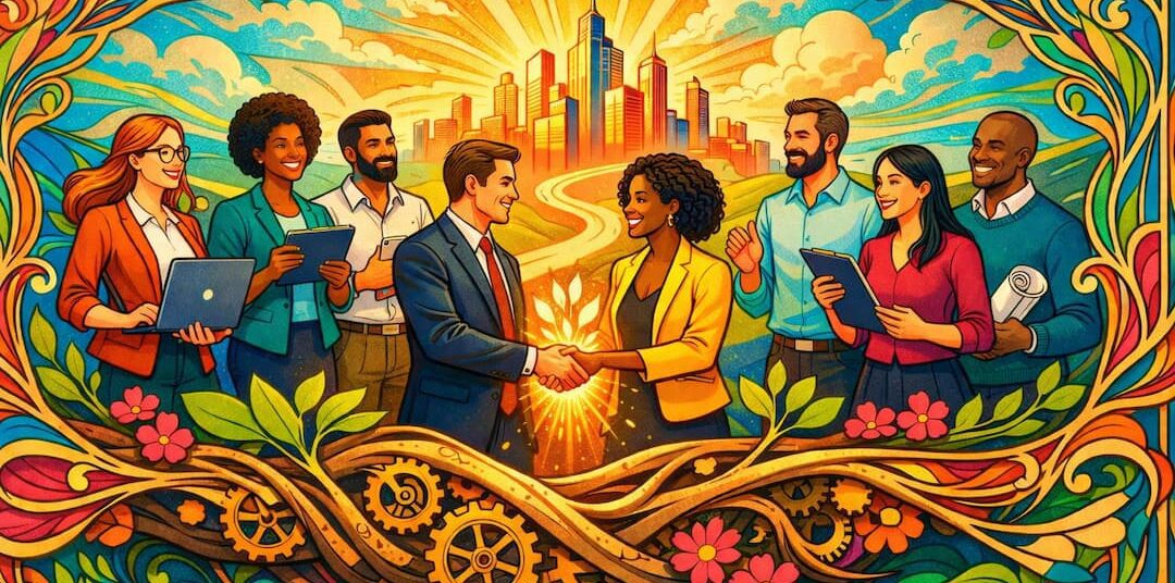 Illustration stylisée de professionnels diversifiés collaborant pour la due diligence RH, avec une poignée de main centrale symbolisant un partenariat réussi et une croissance future.