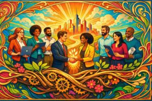 Illustration stylisée de professionnels diversifiés collaborant pour la due diligence RH, avec une poignée de main centrale symbolisant un partenariat réussi et une croissance future.