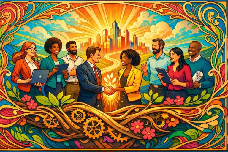 Illustration stylisée de professionnels diversifiés collaborant pour la due diligence RH, avec une poignée de main centrale symbolisant un partenariat réussi et une croissance future.