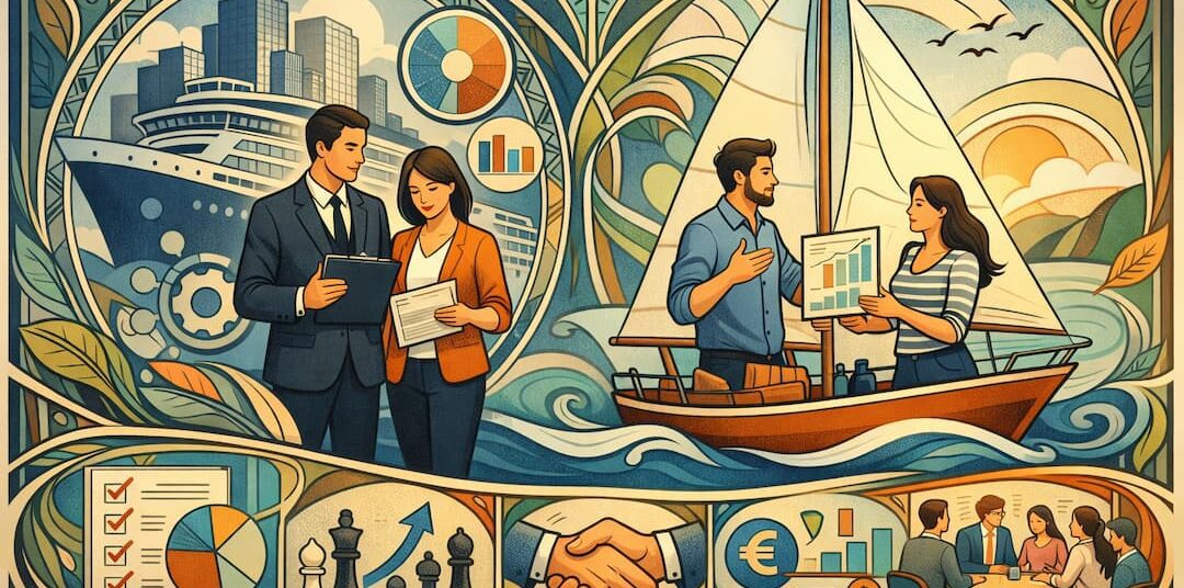 Illustration graphique détaillée pour la reconversion cadre : transformer votre expertise corporate en levier pour PME, figurant la transition d'un environnement corporate à un monde entrepreneurial, avec des scènes de collaboration et de stratégie.