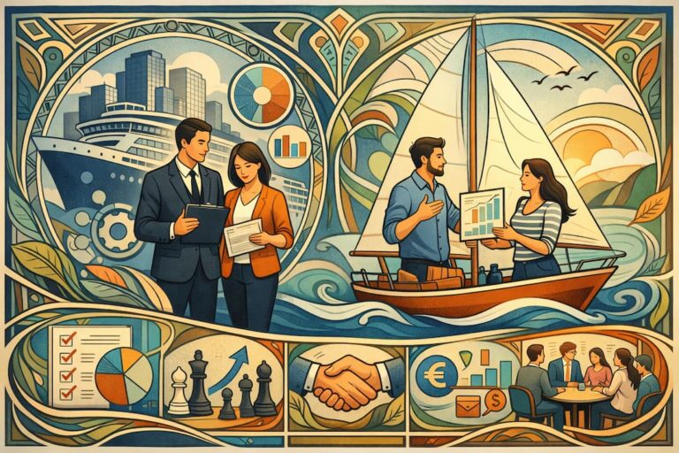 Illustration graphique détaillée pour la reconversion cadre : transformer votre expertise corporate en levier pour PME, figurant la transition d'un environnement corporate à un monde entrepreneurial, avec des scènes de collaboration et de stratégie.