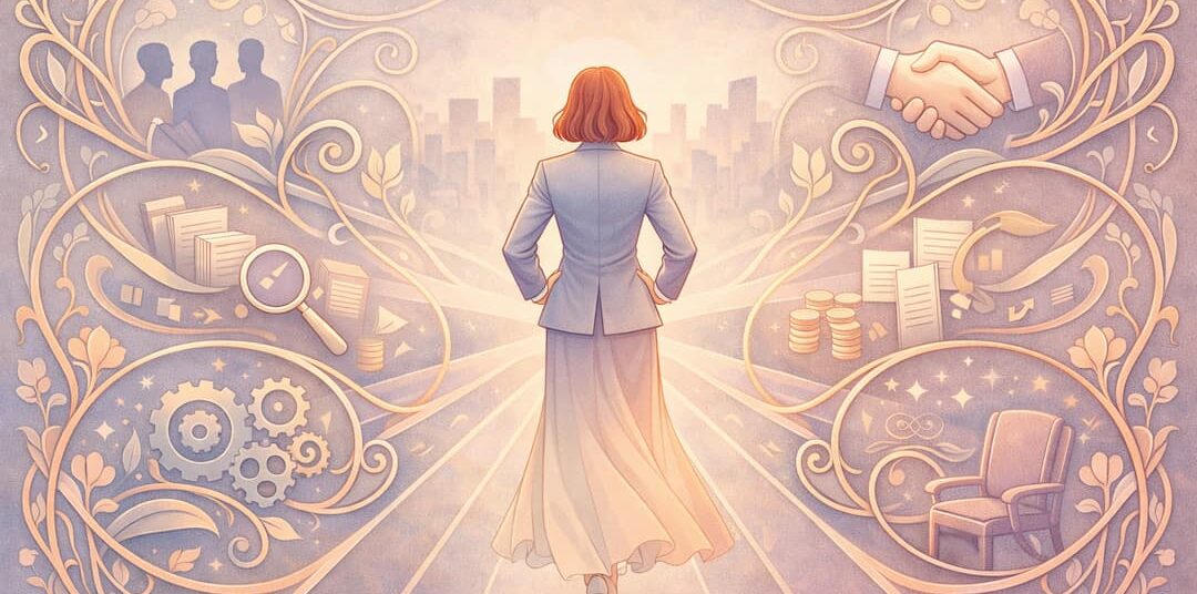 Femme entrepreneure marchant vers l'horizon professionnel, symbolisant la reprise d'entreprise avec les défis du leadership, de la gestion d'équipe, de l'analyse financière et de la négociation