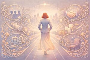 Femme entrepreneure marchant vers l'horizon professionnel, symbolisant la reprise d'entreprise avec les défis du leadership, de la gestion d'équipe, de l'analyse financière et de la négociation