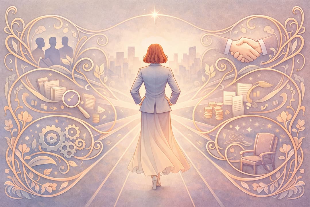 Femme entrepreneure marchant vers l'horizon professionnel, symbolisant la reprise d'entreprise avec les défis du leadership, de la gestion d'équipe, de l'analyse financière et de la négociation