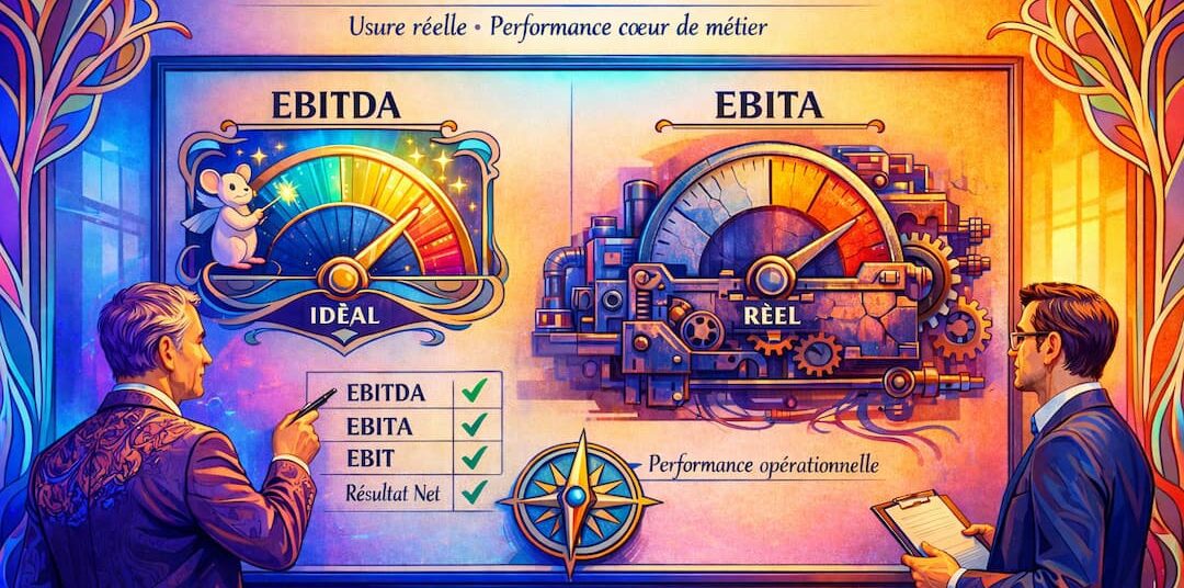 Comparaison visuelle entre l'EBITDA idéal et l'Ebita réel, soulignant l'Ebita comme le vrai baromètre de performance opérationnelle.