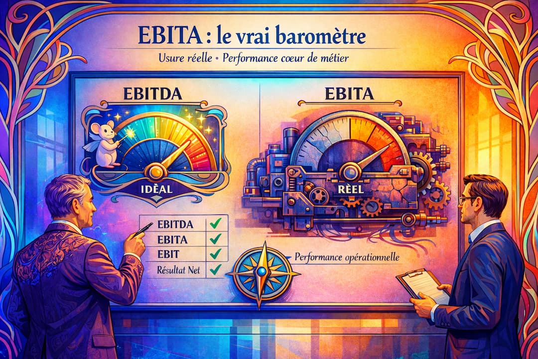 Comparaison visuelle entre l'EBITDA idéal et l'Ebita réel, soulignant l'Ebita comme le vrai baromètre de performance opérationnelle.