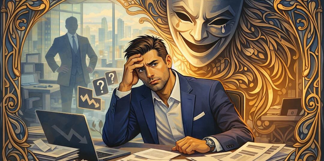 Image stylisée d'un homme d'affaires stressé au bureau, un masque de comédie-tragédie flottant derrière lui, symbolisant le syndrome imposteur chez le repreneur.