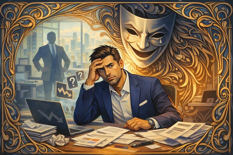 Image stylisée d'un homme d'affaires stressé au bureau, un masque de comédie-tragédie flottant derrière lui, symbolisant le syndrome imposteur chez le repreneur.